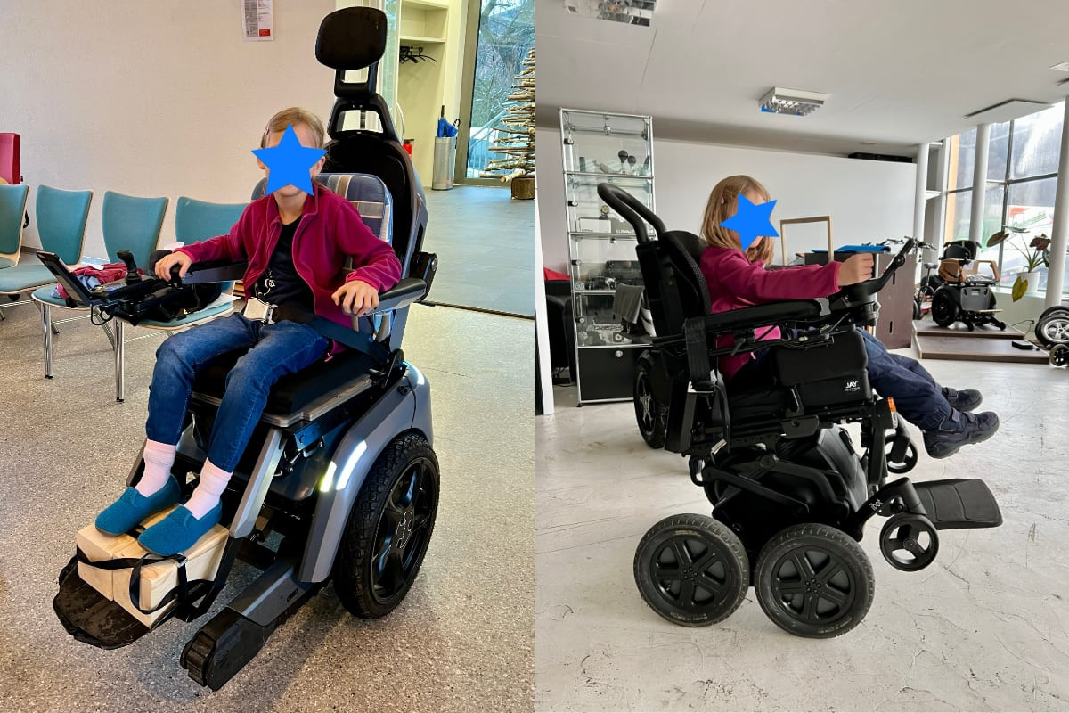scewo-ibot.jpg Das linke Bild zeigt ein Mädchen in dem Elektrorollstuhl Scewo Bro. Im rechten Bild sitzt das Mädchen im Elektrorollstuhl iBot PMD