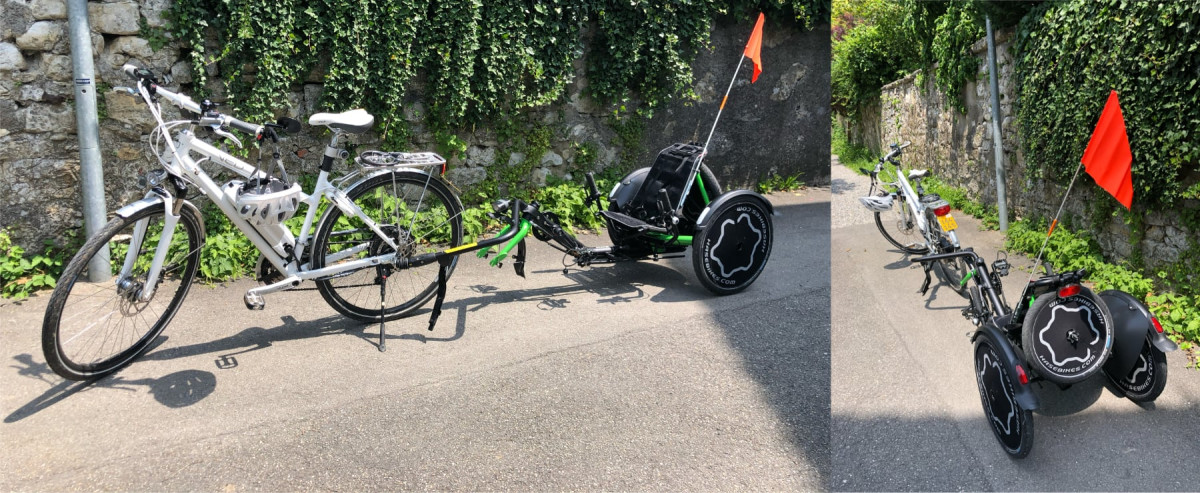 hasebike2.jpg Das Bild zeigt ein Fahrrad, welches mit einer Deichsel ein Hasebike Trets angehängt hat